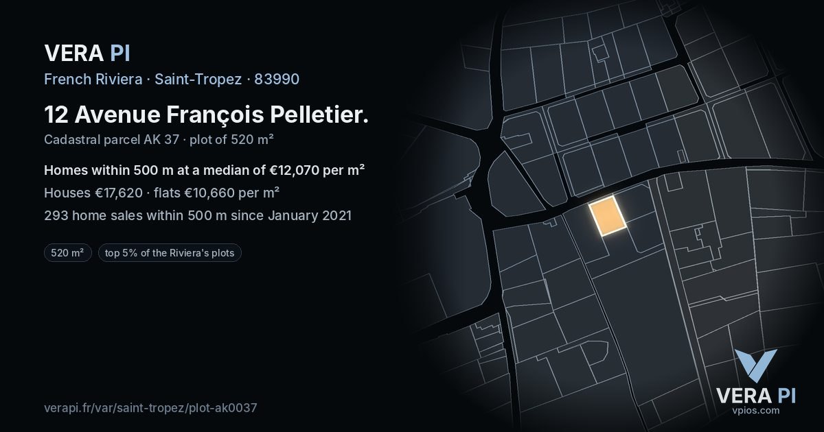 12 Avenue François Pelletier, Saint-Tropez at night – the plot lit, the parcels around coloured by the prices near them