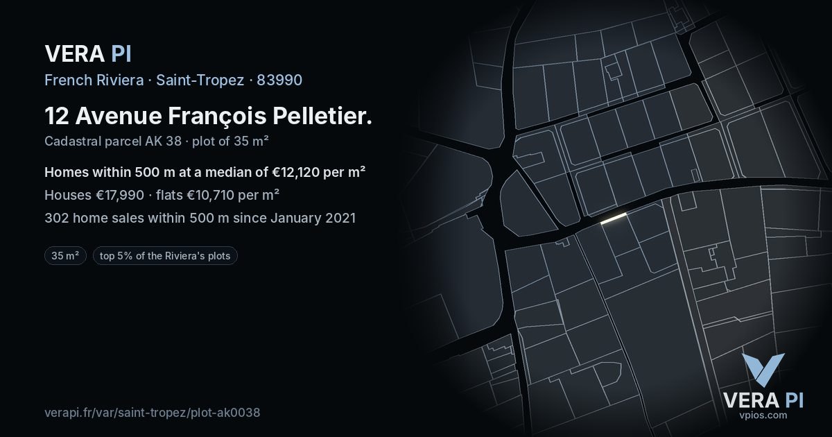 12 Avenue François Pelletier, Saint-Tropez at night – the plot lit, the parcels around coloured by the prices near them