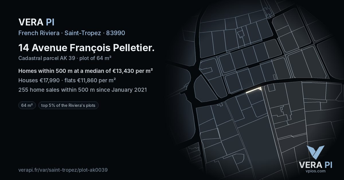 14 Avenue François Pelletier, Saint-Tropez at night – the plot lit, the parcels around coloured by the prices near them