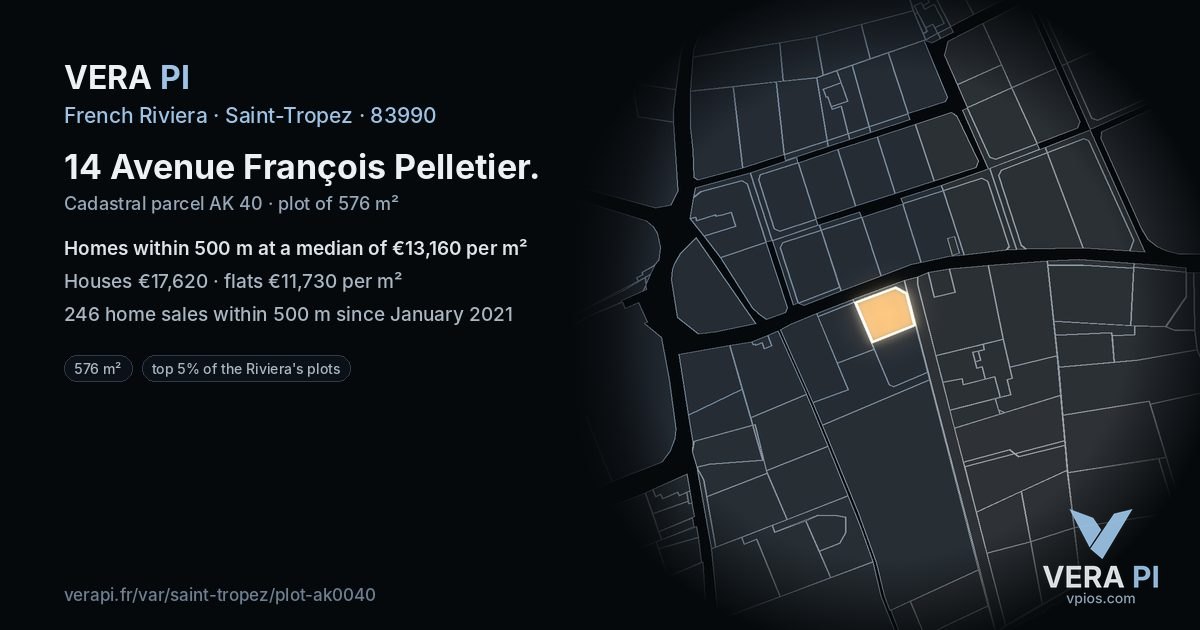 14 Avenue François Pelletier, Saint-Tropez at night – the plot lit, the parcels around coloured by the prices near them