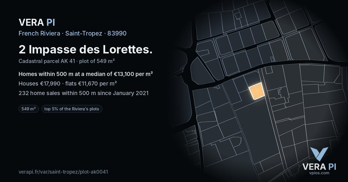 2 Impasse des Lorettes, Saint-Tropez at night – the plot lit, the parcels around coloured by the prices near them