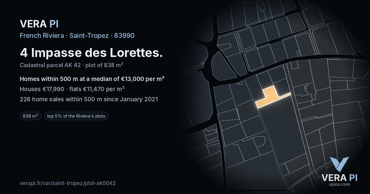 4 Impasse des Lorettes, Saint-Tropez at night – the plot lit, the parcels around coloured by the prices near them