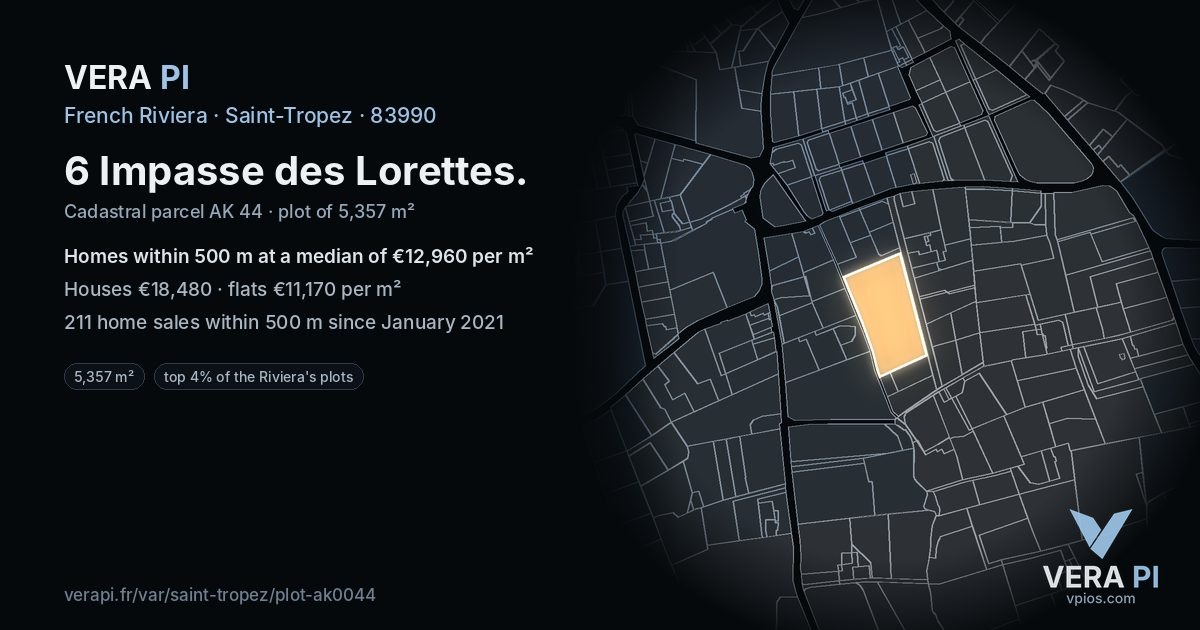 6 Impasse des Lorettes, Saint-Tropez at night – the plot lit, the parcels around coloured by the prices near them