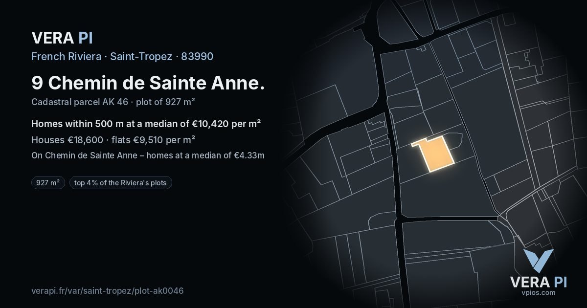 9 Chemin de Sainte Anne, Saint-Tropez at night – the plot lit, the parcels around coloured by the prices near them