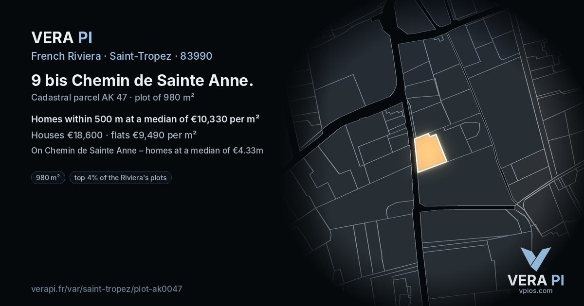 9 bis Chemin de Sainte Anne, Saint-Tropez at night – the plot lit, the parcels around coloured by the prices near them