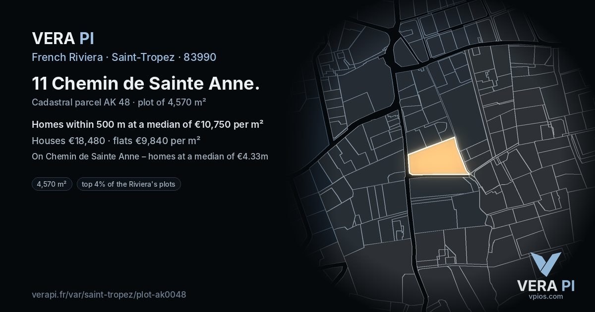 11 Chemin de Sainte Anne, Saint-Tropez at night – the plot lit, the parcels around coloured by the prices near them