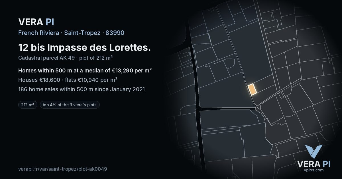 12 bis Impasse des Lorettes, Saint-Tropez at night – the plot lit, the parcels around coloured by the prices near them
