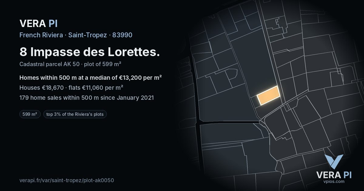 8 Impasse des Lorettes, Saint-Tropez at night – the plot lit, the parcels around coloured by the prices near them