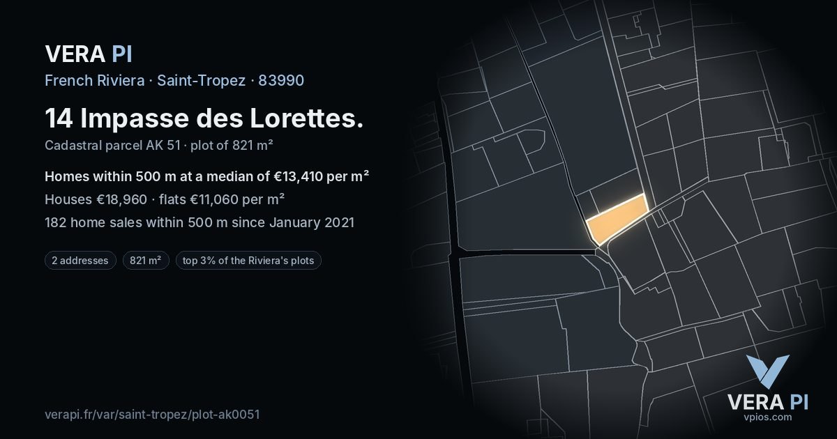 14 Impasse des Lorettes, Saint-Tropez at night – the plot lit, the parcels around coloured by the prices near them