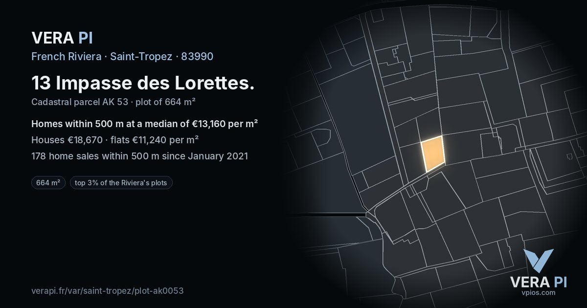 13 Impasse des Lorettes, Saint-Tropez at night – the plot lit, the parcels around coloured by the prices near them