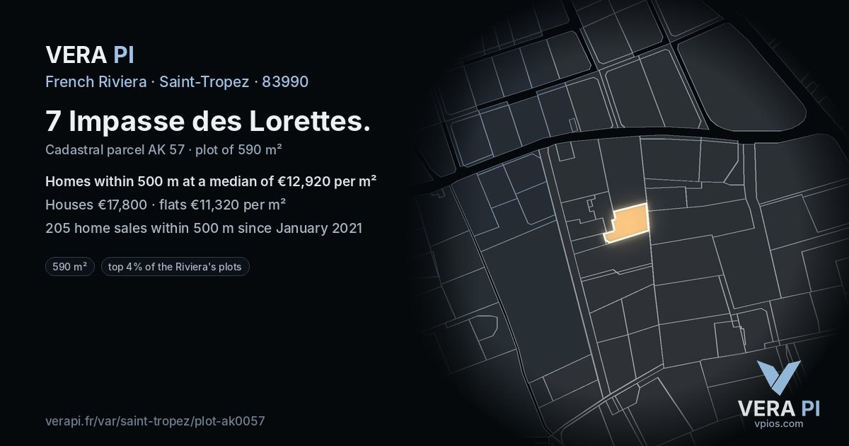 7 Impasse des Lorettes, Saint-Tropez at night – the plot lit, the parcels around coloured by the prices near them