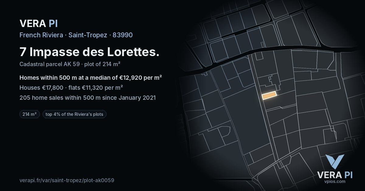7 Impasse des Lorettes, Saint-Tropez at night – the plot lit, the parcels around coloured by the prices near them
