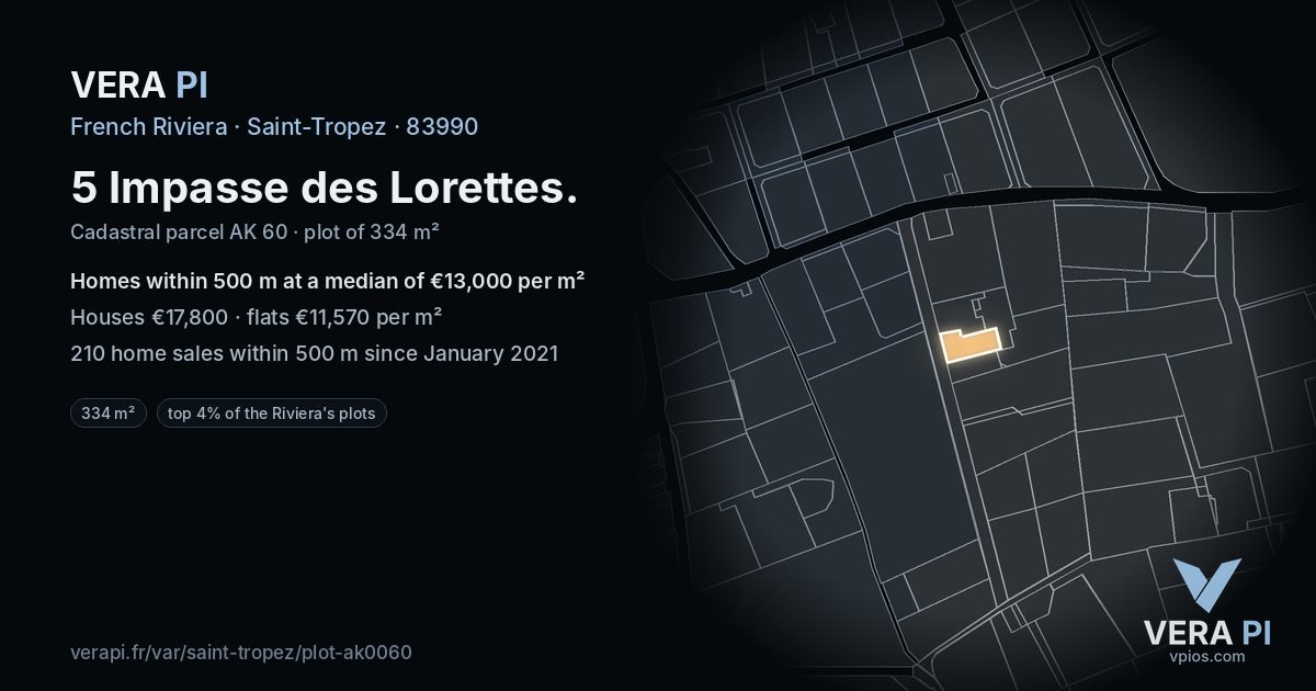 5 Impasse des Lorettes, Saint-Tropez at night – the plot lit, the parcels around coloured by the prices near them