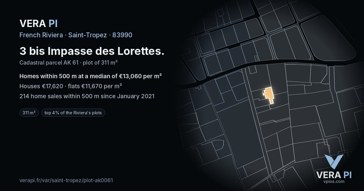 3 bis Impasse des Lorettes, Saint-Tropez at night – the plot lit, the parcels around coloured by the prices near them