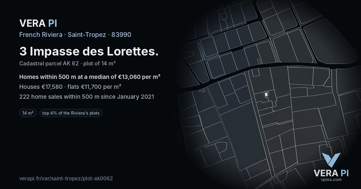 3 Impasse des Lorettes, Saint-Tropez at night – the plot lit, the parcels around coloured by the prices near them