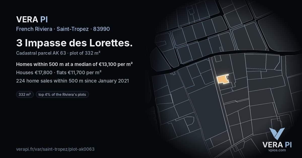 3 Impasse des Lorettes, Saint-Tropez at night – the plot lit, the parcels around coloured by the prices near them