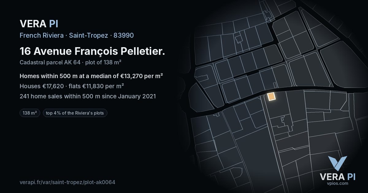 16 Avenue François Pelletier, Saint-Tropez at night – the plot lit, the parcels around coloured by the prices near them