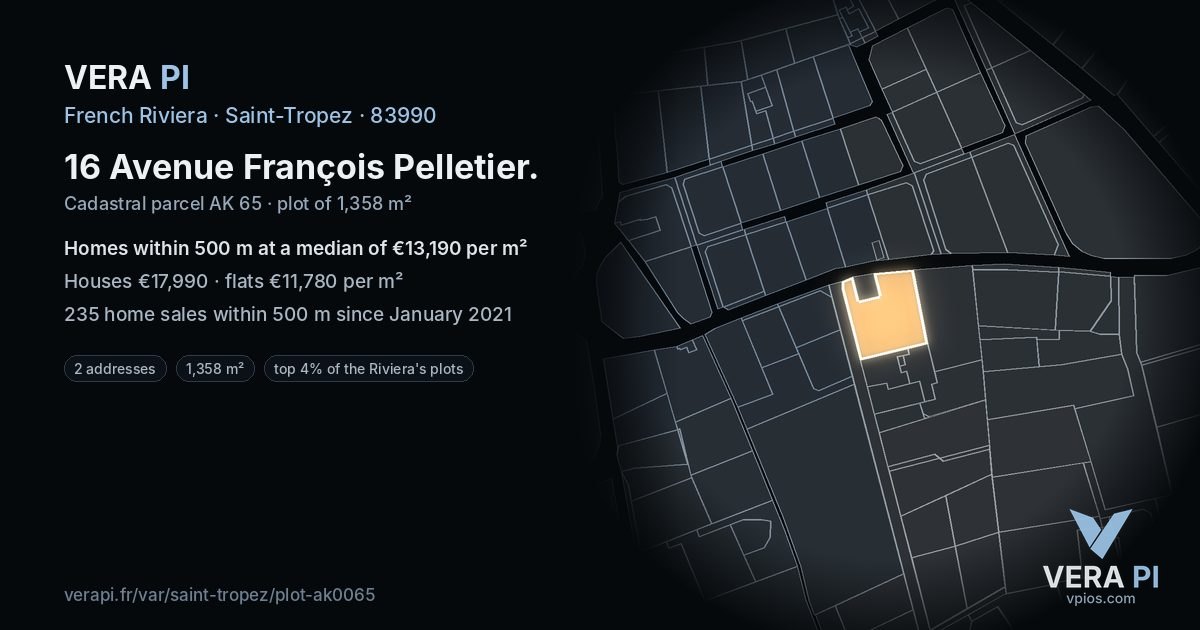 16 Avenue François Pelletier, Saint-Tropez at night – the plot lit, the parcels around coloured by the prices near them