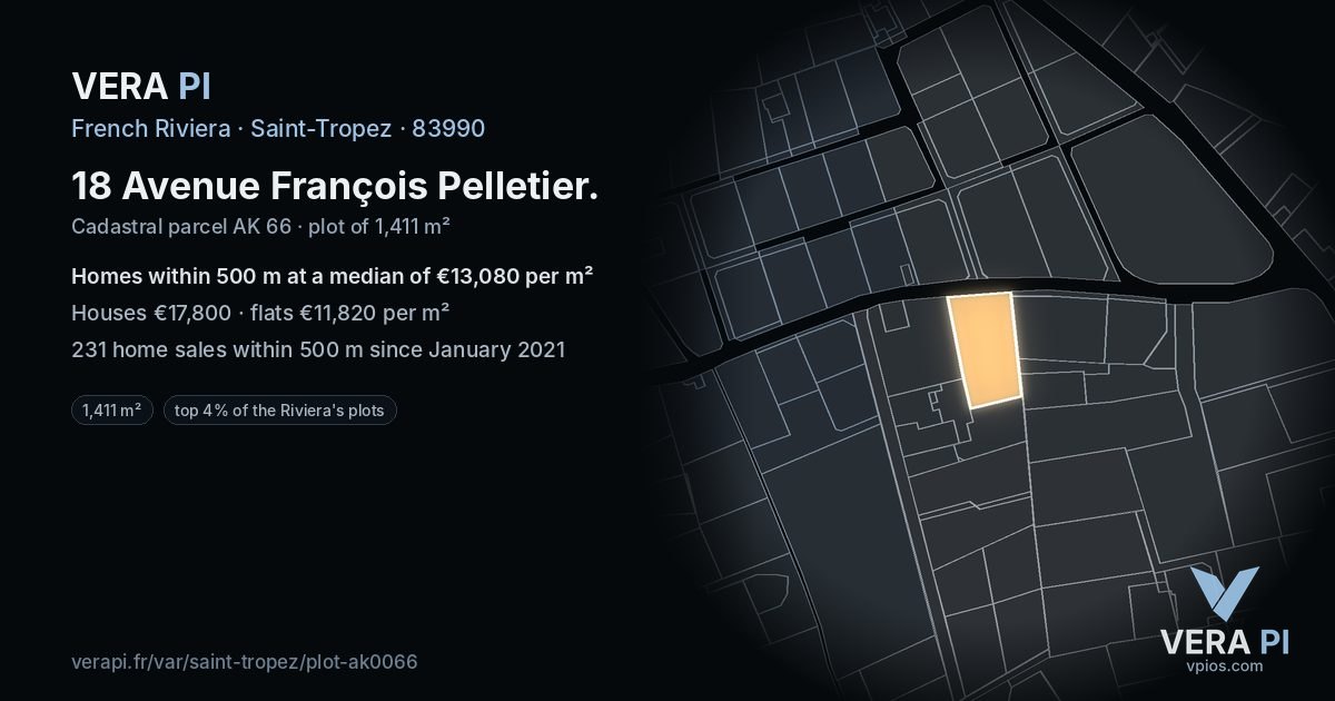 18 Avenue François Pelletier, Saint-Tropez at night – the plot lit, the parcels around coloured by the prices near them