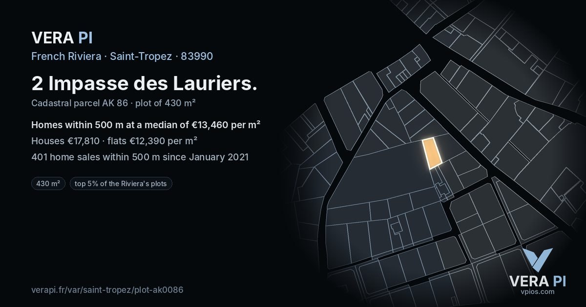 2 Impasse des Lauriers, Saint-Tropez at night – the plot lit, the parcels around coloured by the prices near them