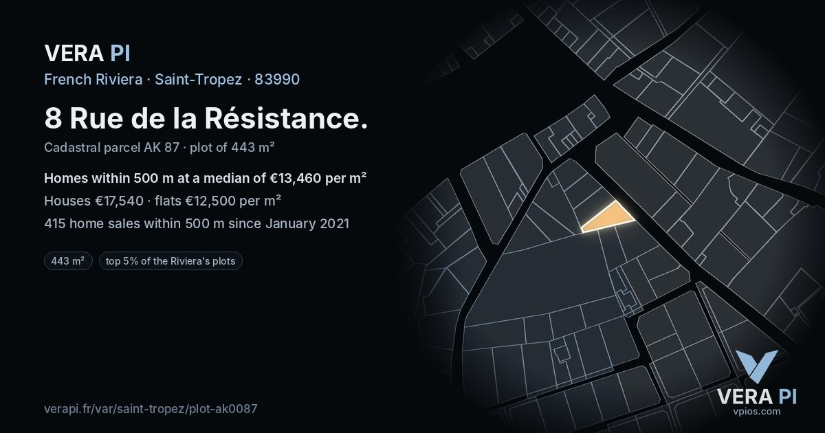 8 Rue de la Résistance, Saint-Tropez at night – the plot lit, the parcels around coloured by the prices near them