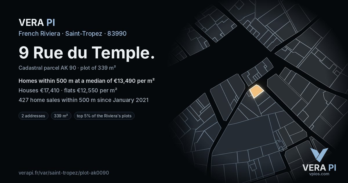 9 Rue du Temple, Saint-Tropez at night – the plot lit, the parcels around coloured by the prices near them
