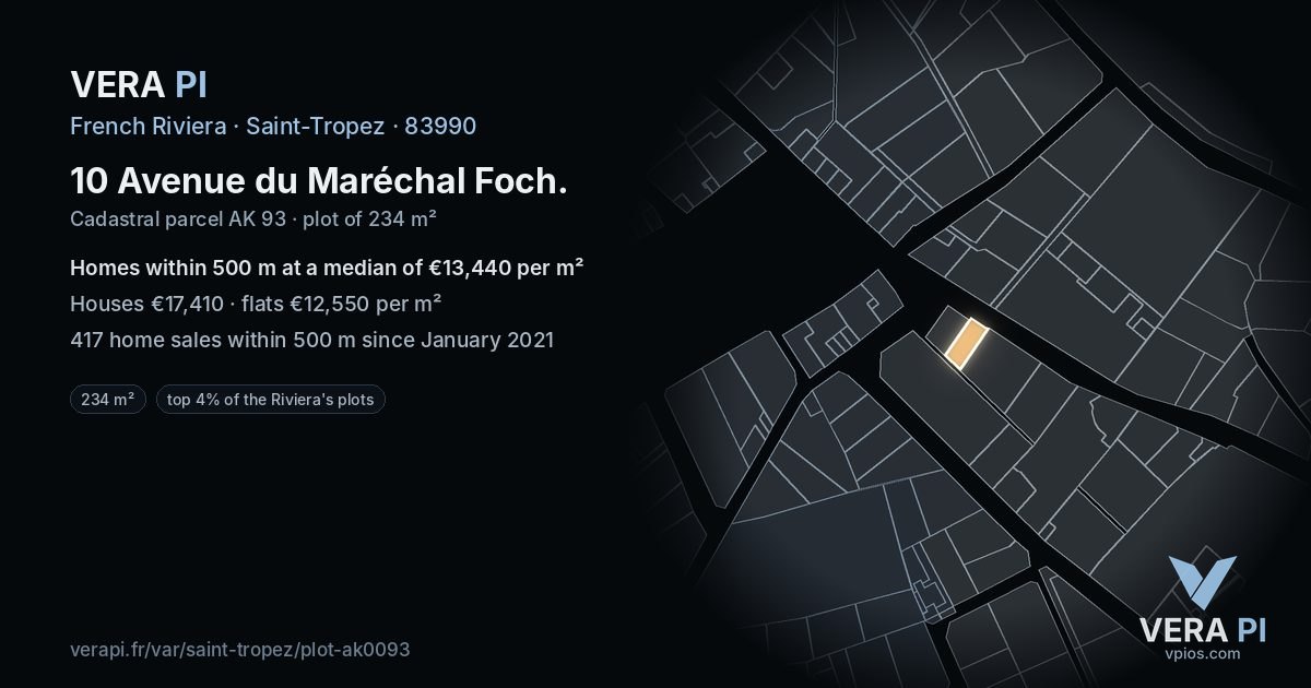 10 Avenue du Maréchal Foch, Saint-Tropez at night – the plot lit, the parcels around coloured by the prices near them