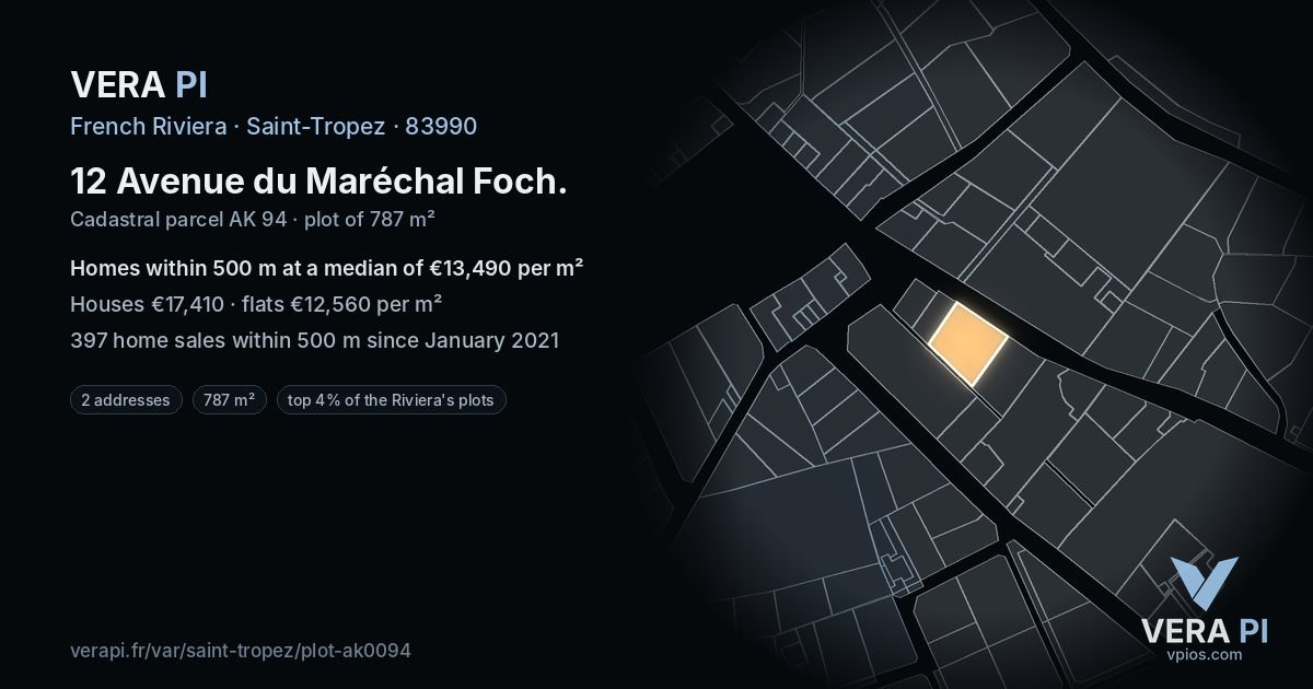 12 Avenue du Maréchal Foch, Saint-Tropez at night – the plot lit, the parcels around coloured by the prices near them