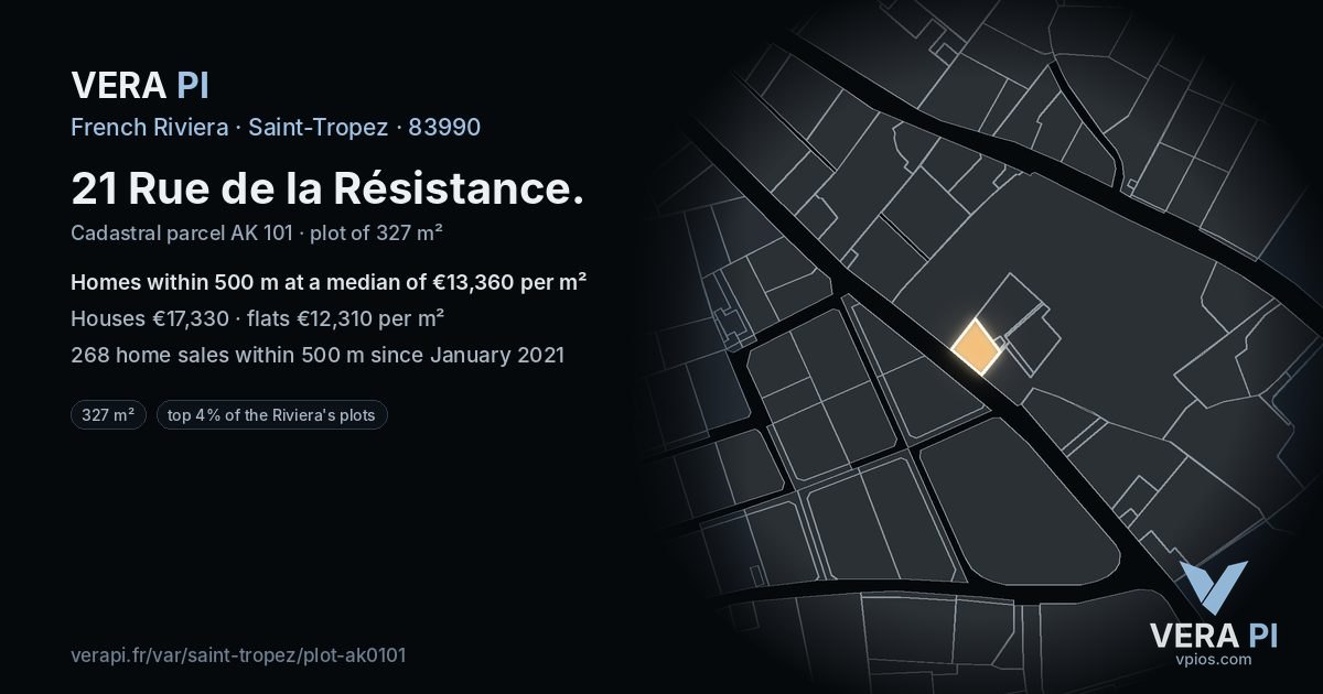 21 Rue de la Résistance, Saint-Tropez at night – the plot lit, the parcels around coloured by the prices near them