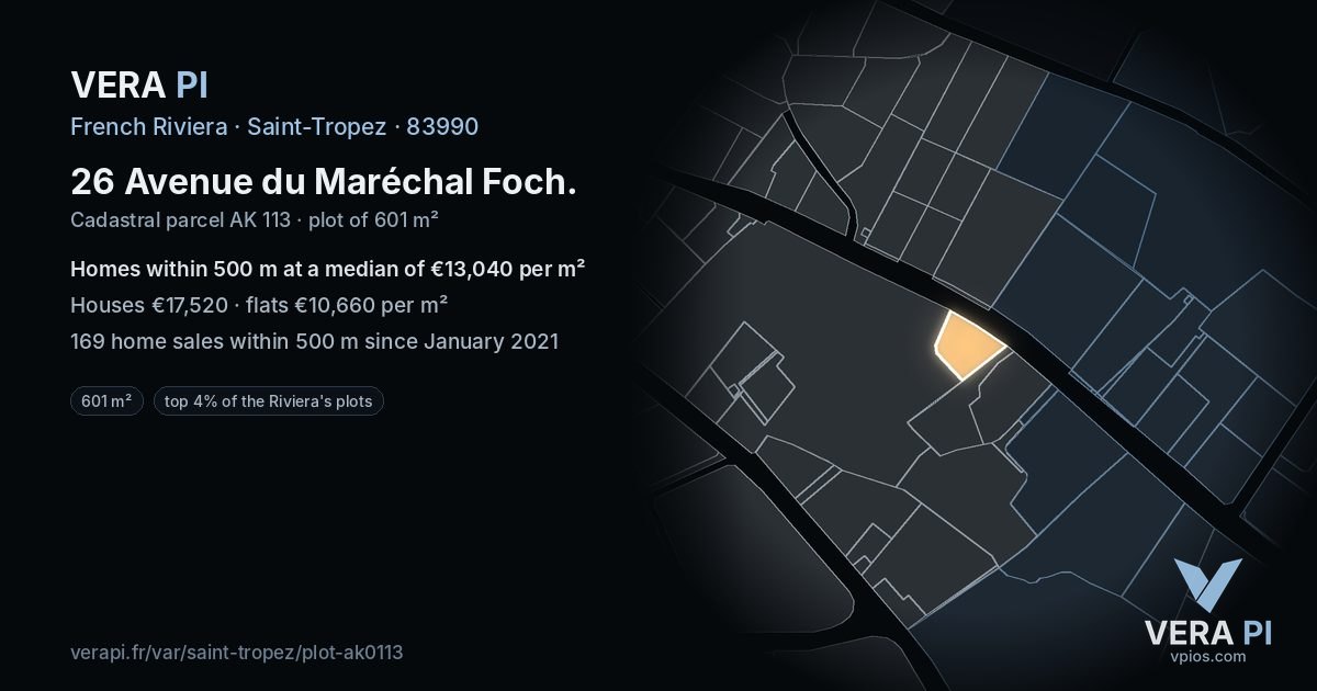 26 Avenue du Maréchal Foch, Saint-Tropez at night – the plot lit, the parcels around coloured by the prices near them