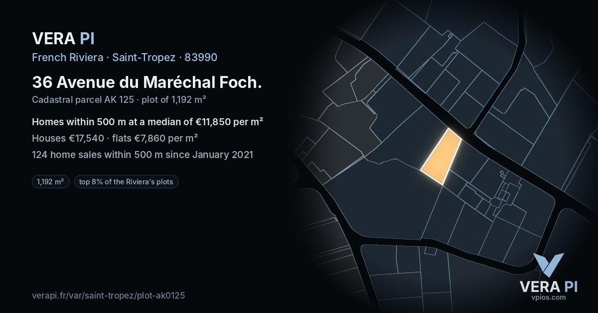 36 Avenue du Maréchal Foch, Saint-Tropez at night – the plot lit, the parcels around coloured by the prices near them
