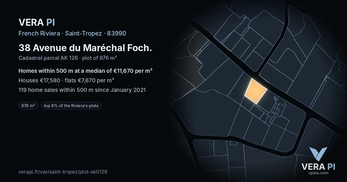 38 Avenue du Maréchal Foch, Saint-Tropez at night – the plot lit, the parcels around coloured by the prices near them