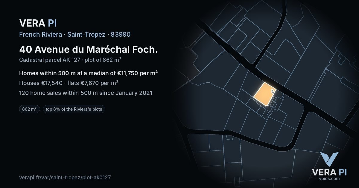 40 Avenue du Maréchal Foch, Saint-Tropez at night – the plot lit, the parcels around coloured by the prices near them