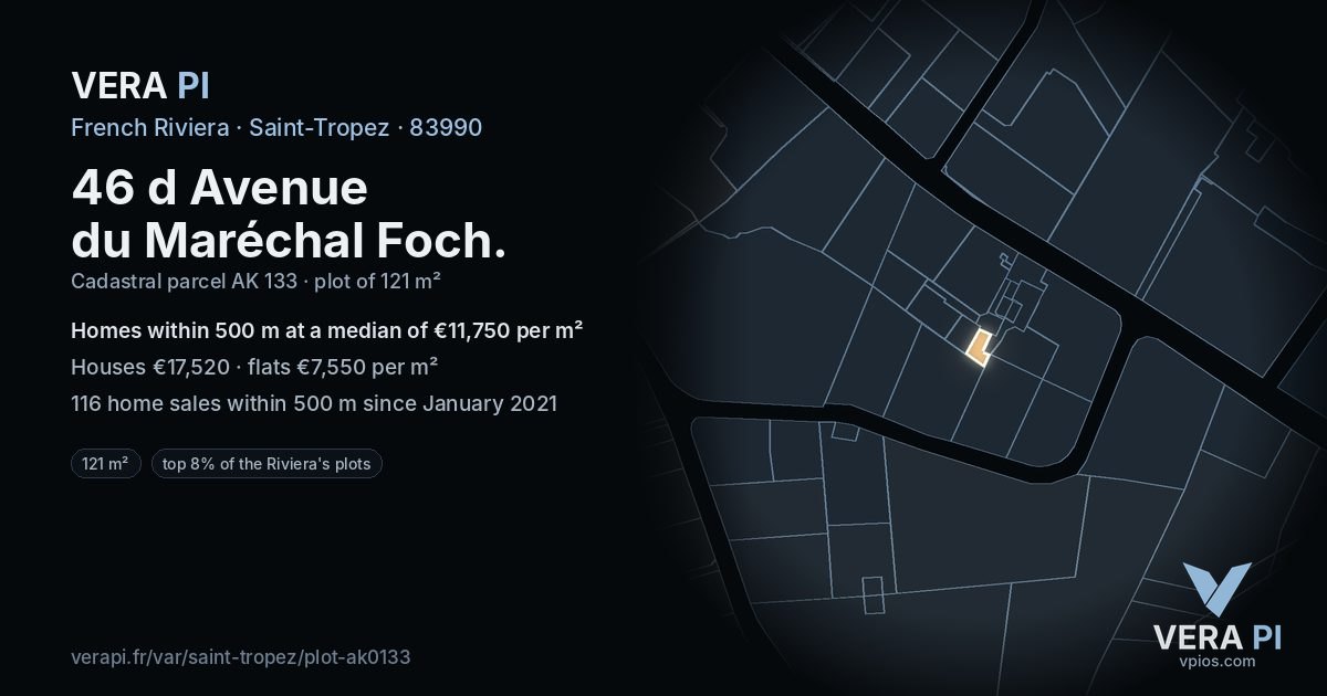 46 d Avenue du Maréchal Foch, Saint-Tropez at night – the plot lit, the parcels around coloured by the prices near them