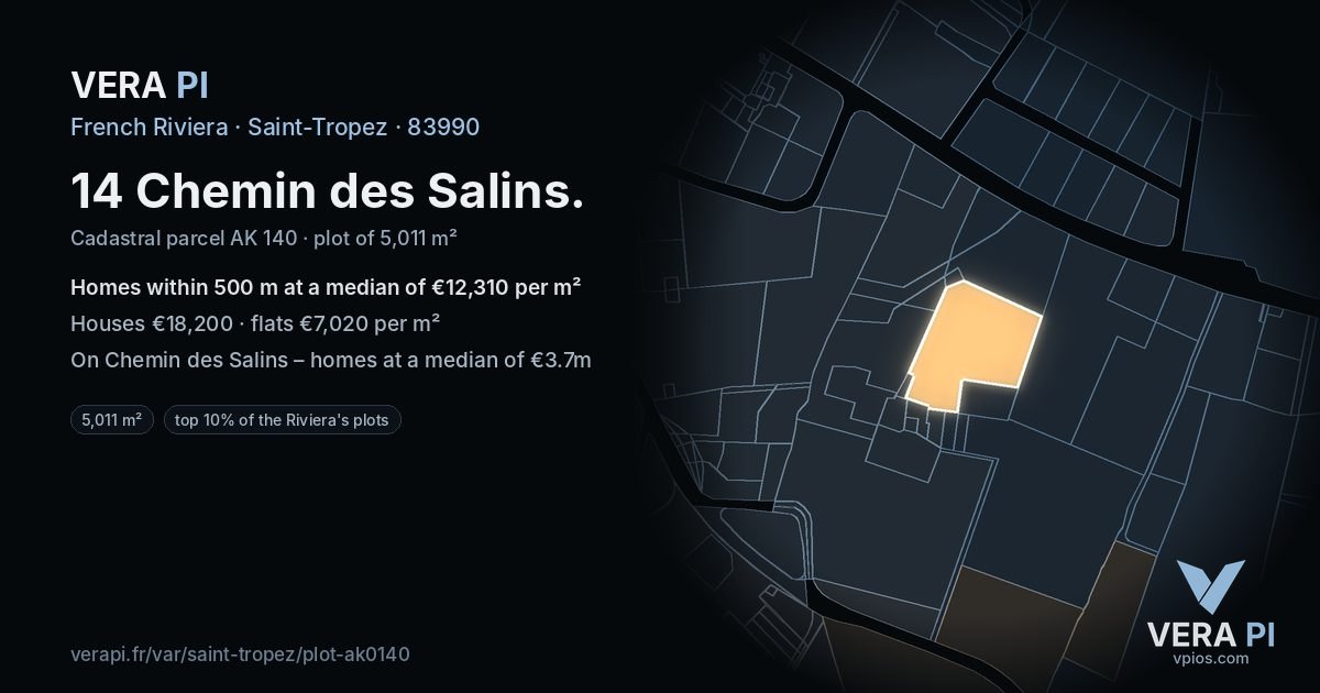 14 Chemin des Salins, Saint-Tropez at night – the plot lit, the parcels around coloured by the prices near them