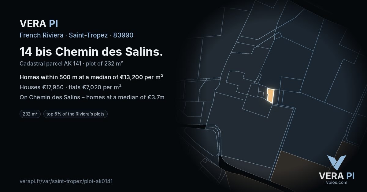 14 bis Chemin des Salins, Saint-Tropez at night – the plot lit, the parcels around coloured by the prices near them