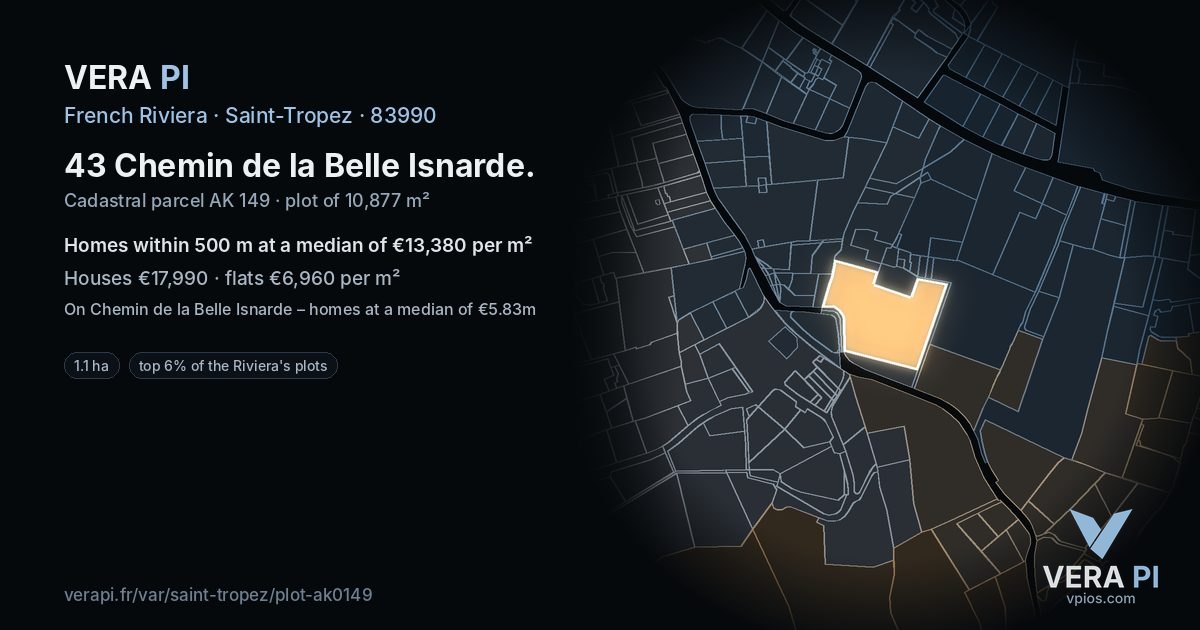 43 Chemin de la Belle Isnarde, Saint-Tropez at night – the plot lit, the parcels around coloured by the prices near them