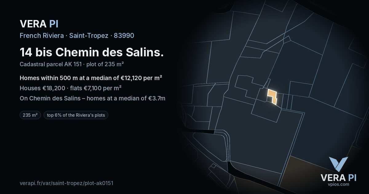 14 bis Chemin des Salins, Saint-Tropez at night – the plot lit, the parcels around coloured by the prices near them