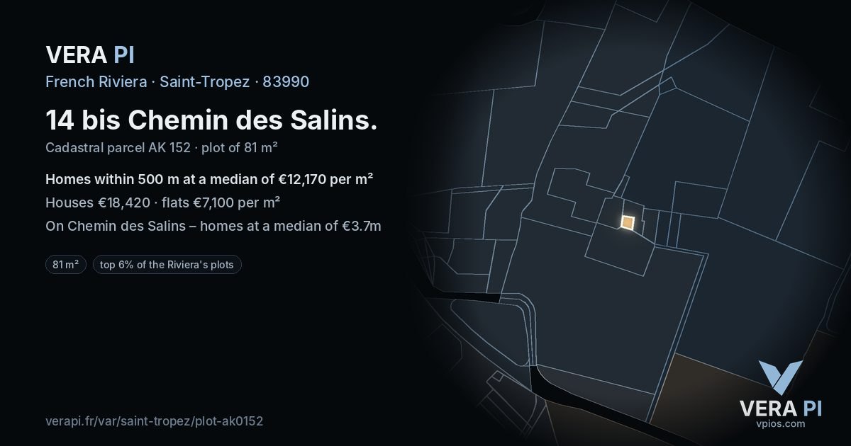14 bis Chemin des Salins, Saint-Tropez at night – the plot lit, the parcels around coloured by the prices near them
