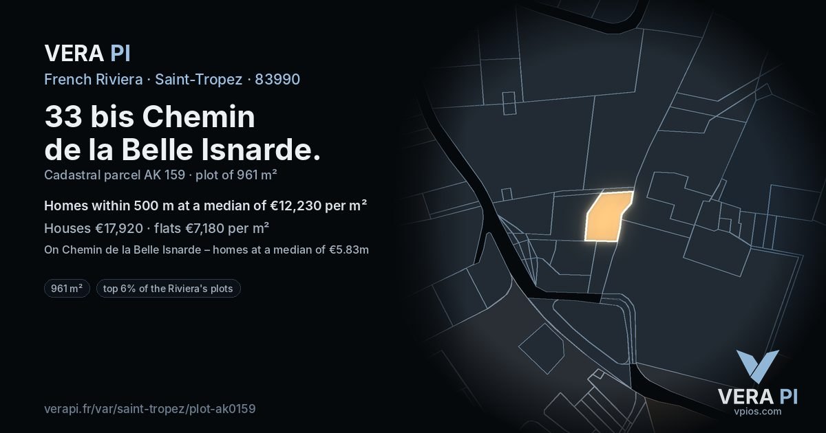 33 bis Chemin de la Belle Isnarde, Saint-Tropez at night – the plot lit, the parcels around coloured by the prices near them
