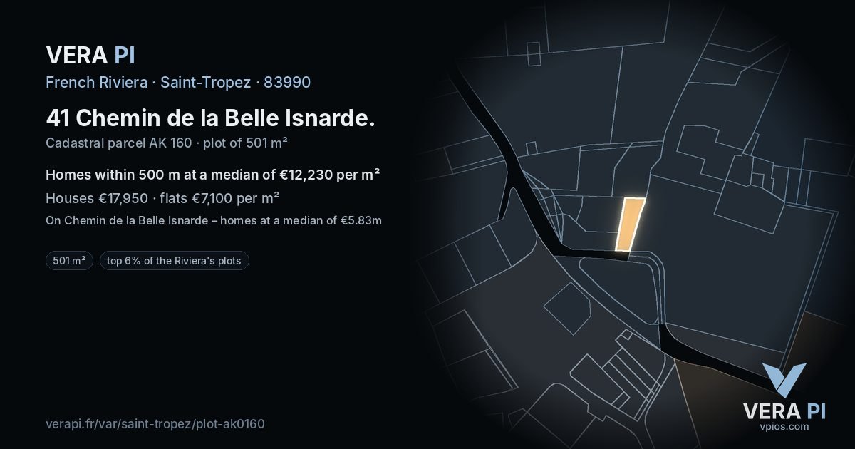 41 Chemin de la Belle Isnarde, Saint-Tropez at night – the plot lit, the parcels around coloured by the prices near them
