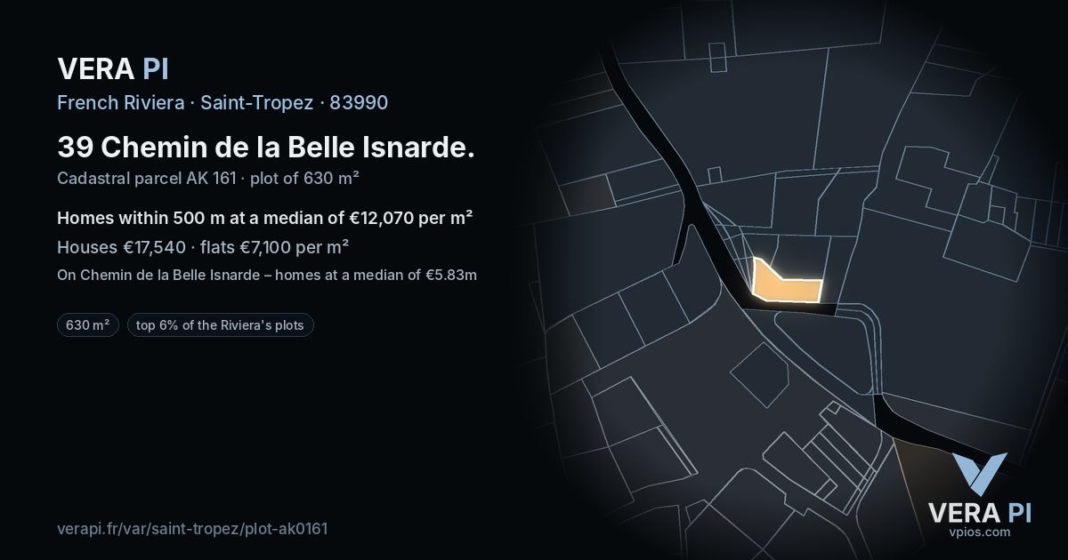 39 Chemin de la Belle Isnarde, Saint-Tropez at night – the plot lit, the parcels around coloured by the prices near them
