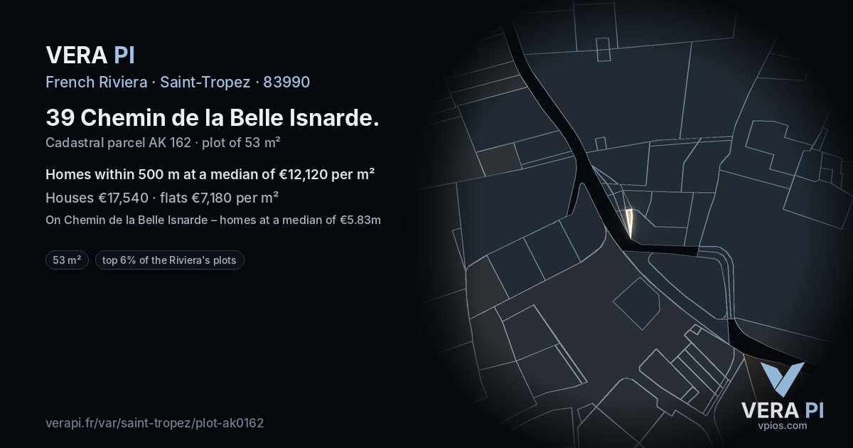 39 Chemin de la Belle Isnarde, Saint-Tropez at night – the plot lit, the parcels around coloured by the prices near them