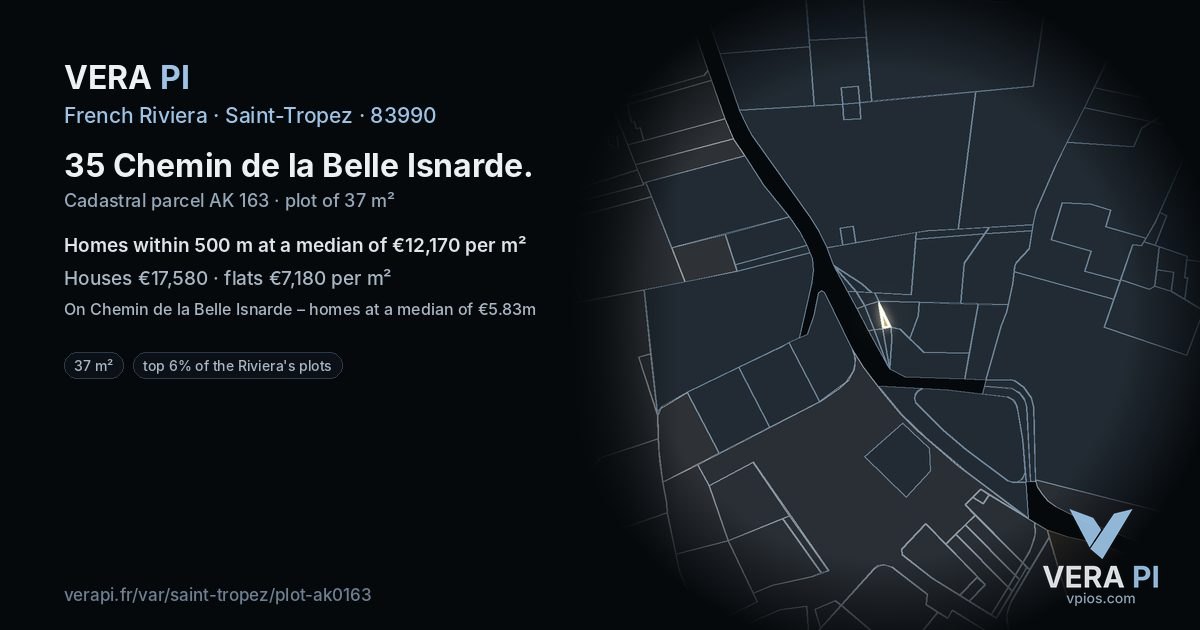 35 Chemin de la Belle Isnarde, Saint-Tropez at night – the plot lit, the parcels around coloured by the prices near them