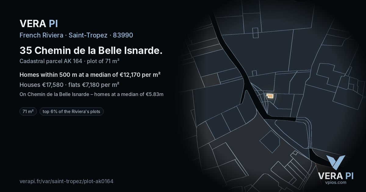 35 Chemin de la Belle Isnarde, Saint-Tropez at night – the plot lit, the parcels around coloured by the prices near them