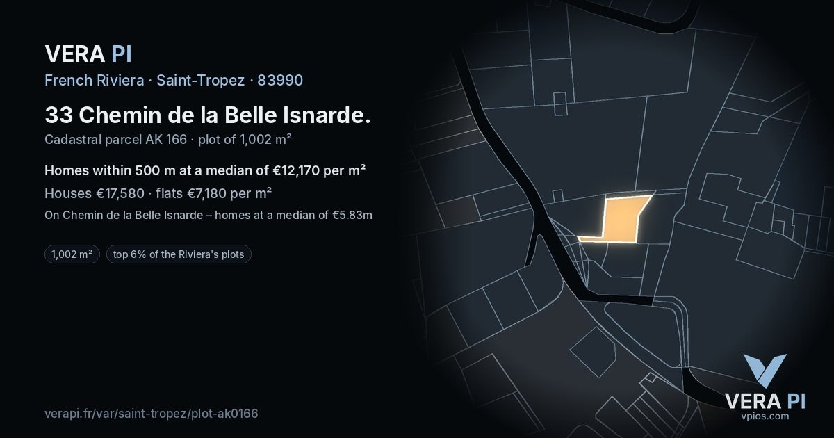 33 Chemin de la Belle Isnarde, Saint-Tropez at night – the plot lit, the parcels around coloured by the prices near them