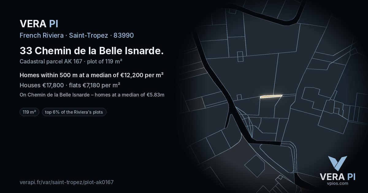 33 Chemin de la Belle Isnarde, Saint-Tropez at night – the plot lit, the parcels around coloured by the prices near them