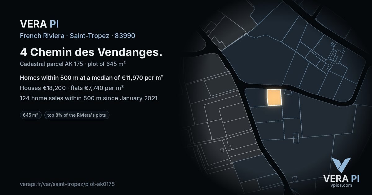 4 Chemin des Vendanges, Saint-Tropez at night – the plot lit, the parcels around coloured by the prices near them