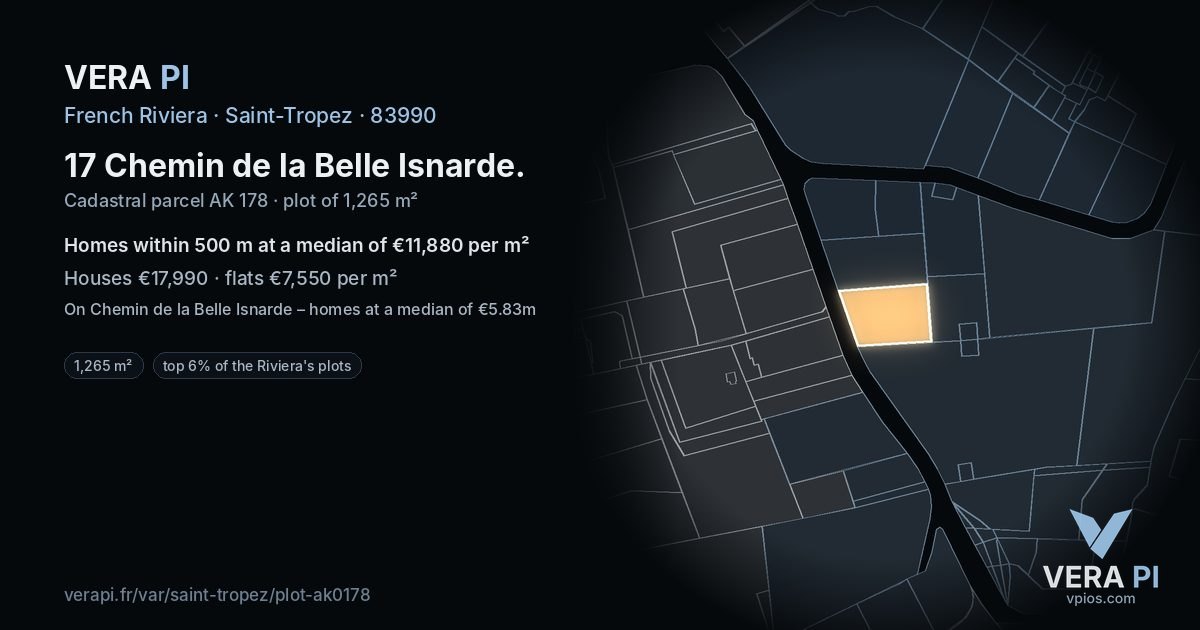 17 Chemin de la Belle Isnarde, Saint-Tropez at night – the plot lit, the parcels around coloured by the prices near them