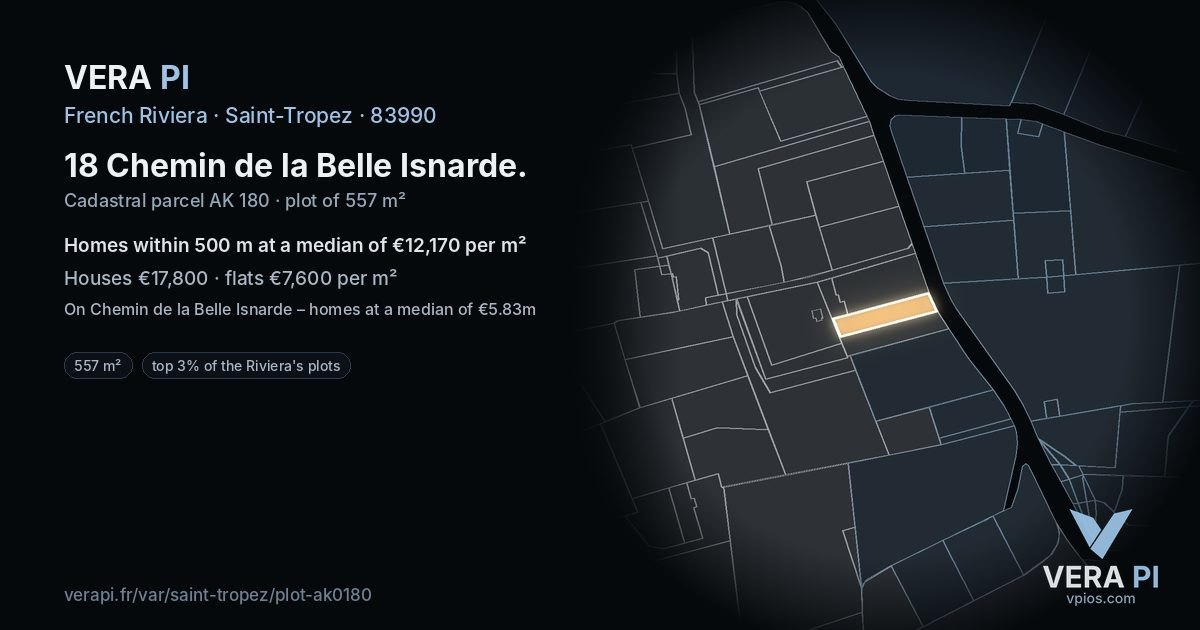 18 Chemin de la Belle Isnarde, Saint-Tropez at night – the plot lit, the parcels around coloured by the prices near them